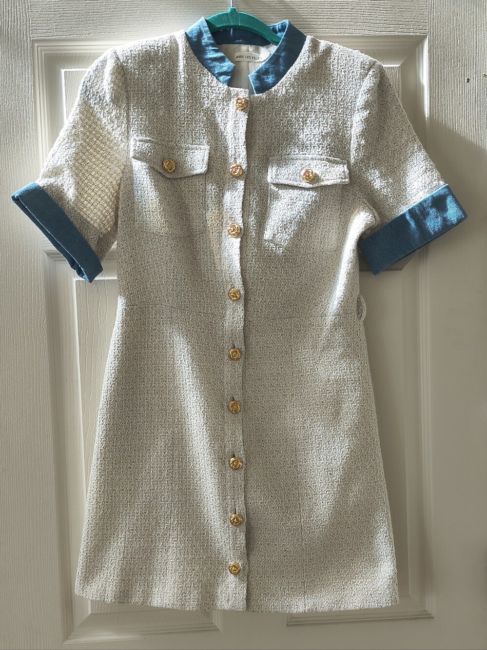 Avec Les Filles Cream Tweed Mini Dress with Teal Trim